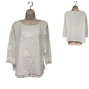 Lauren Michelle Lace Crochet/Woven Tunic Top 3/4 Sleeve Cream/Ivory Size Large